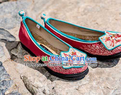 China Embroidered Bamboo Shoes Handmade Old Beijing Cloth Shoes Folk Dance Shoes National Woman Rosy Flax Shoes