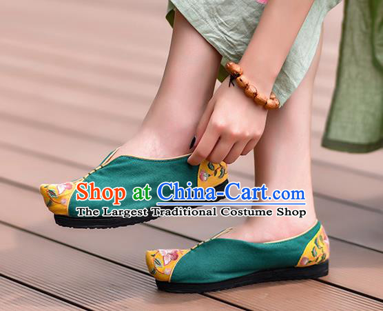 China Green Embroidered Shoes Handmade Canvas Shoes Folk Dance Shoes National Woman Cloth Shoes