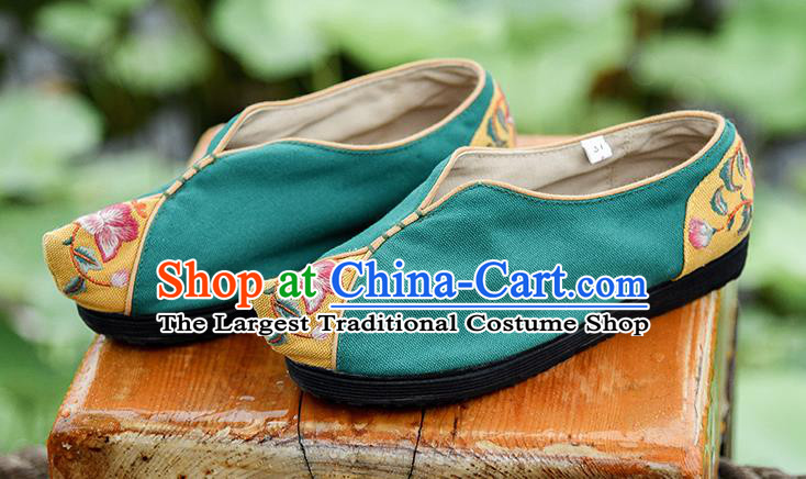 China Green Embroidered Shoes Handmade Canvas Shoes Folk Dance Shoes National Woman Cloth Shoes