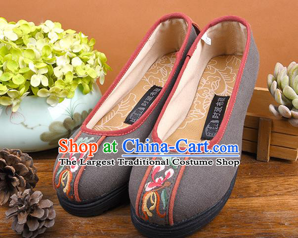 China Woman Grey Canvas Shoes National Folk Dance Shoes Kung Fu Embroidered Shoes Handmade Cloth Shoes