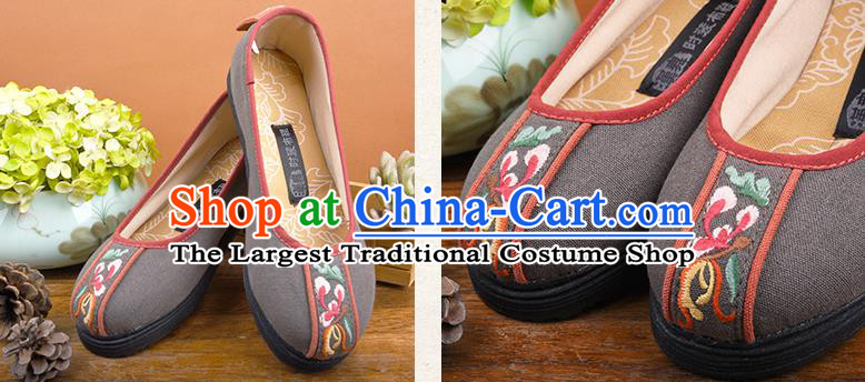 China Woman Grey Canvas Shoes National Folk Dance Shoes Kung Fu Embroidered Shoes Handmade Cloth Shoes