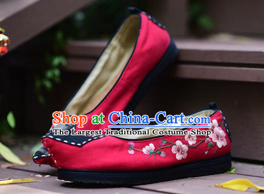 China Handmade Red Cloth Shoes Folk Dance Shoes National Woman Canvas Shoes Traditional Embroidered Peach Blossom Shoes