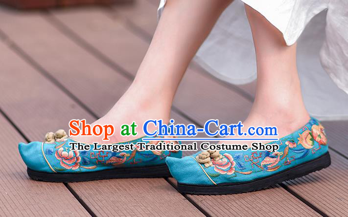 China Handmade Blue Canvas Shoes Folk Dance Shoes National Woman Cloth Shoes Traditional Embroidered Shoes
