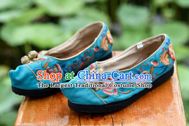 China Handmade Blue Canvas Shoes Folk Dance Shoes National Woman Cloth Shoes Traditional Embroidered Shoes