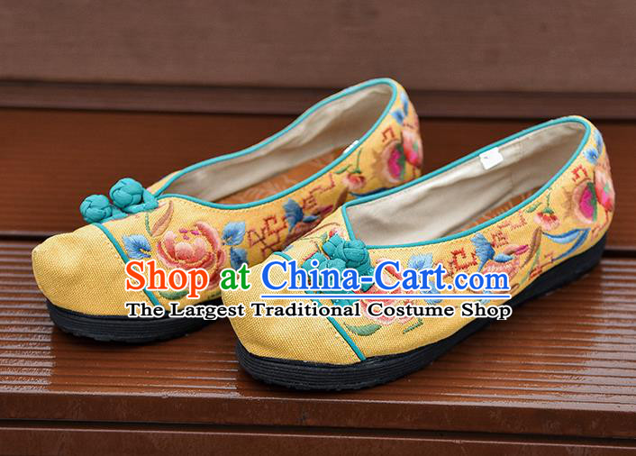 China Traditional Embroidered Shoes Handmade Yellow Canvas Shoes Folk Dance Shoes National Woman Cloth Shoes
