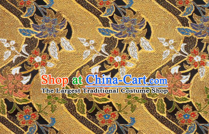 Japanese Classical Flow Flowers Pattern Damask Traditional Kimono Satin Cloth Black Brocade Fabric Nishijin Tapestry