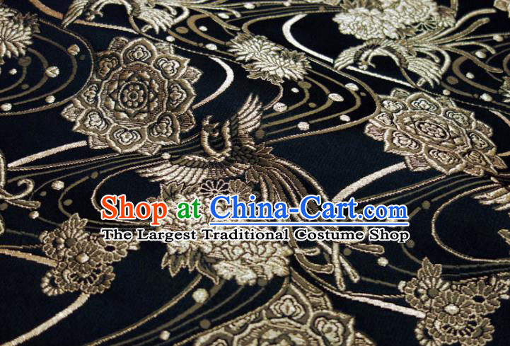 Japanese Kimono Satin Cloth Nishijin Tapestry Fabric Classical Damask Drapery Traditional Phoenix Pattern Black Brocade