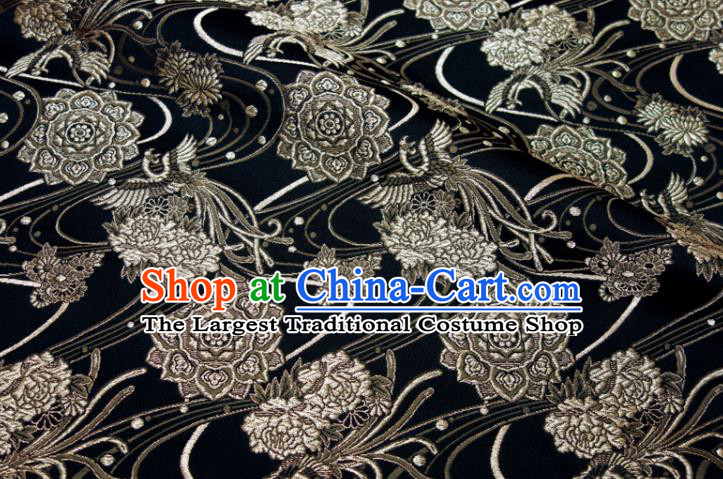 Japanese Kimono Satin Cloth Nishijin Tapestry Fabric Classical Damask Drapery Traditional Phoenix Pattern Black Brocade