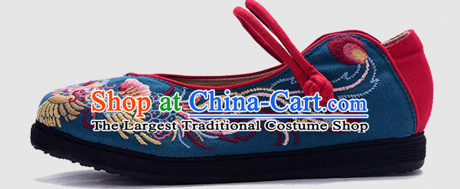 China Woman Folk Dance Shoes National Cloth Shoes Traditional Embroidered Phoenix Peony Shoes Handmade Blue Canvas Shoes