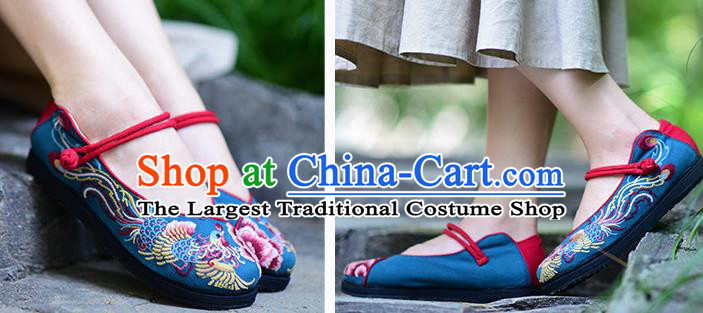 China Woman Folk Dance Shoes National Cloth Shoes Traditional Embroidered Phoenix Peony Shoes Handmade Blue Canvas Shoes