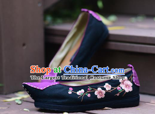 China Traditional Embroidered Peach Blossom Shoes Handmade Black Cloth Shoes Folk Dance Shoes National Woman Canvas Shoes
