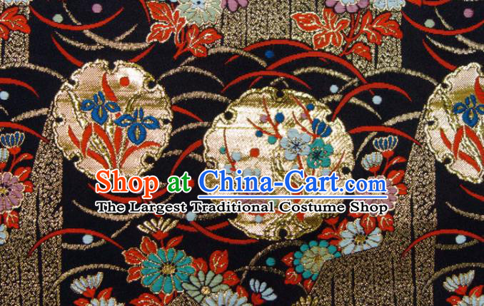 Japanese Classical Nishijin Tapestry Royal Plum Blossom Pattern Black Brocade Fabric Kimono Satin Cloth Traditional Damask Drapery