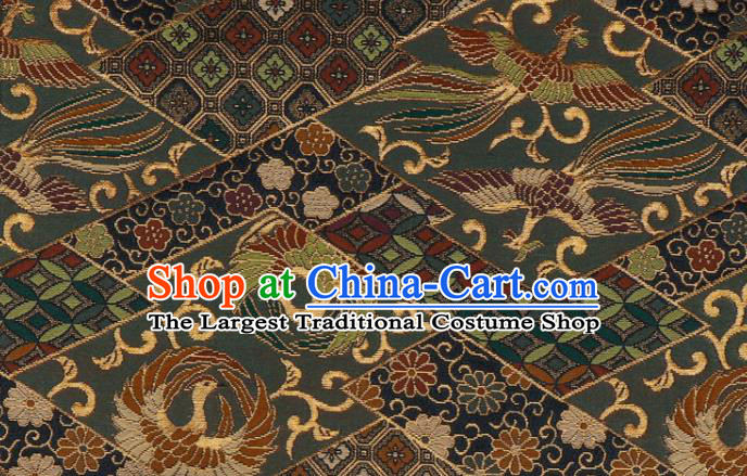 Japanese Traditional Nishijin Tapestry Classical Damask Drapery Royal Phoenix Pattern Atrovirens Brocade Fabric Kimono Satin Cloth