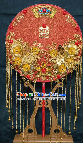 China Classical Dance Circular Fan Handmade Red Silk Fan Traditional Wedding Fan Bride Golden Butterfly Tassel Palace Fan