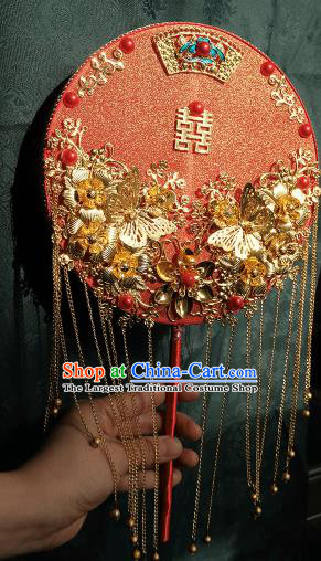 China Classical Dance Circular Fan Handmade Red Silk Fan Traditional Wedding Fan Bride Golden Butterfly Tassel Palace Fan