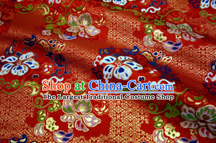 Japanese Kimono Satin Cloth Traditional Nishijin Tapestry Fabric Classical Damask Drapery Palace Twine Pattern Red Brocade