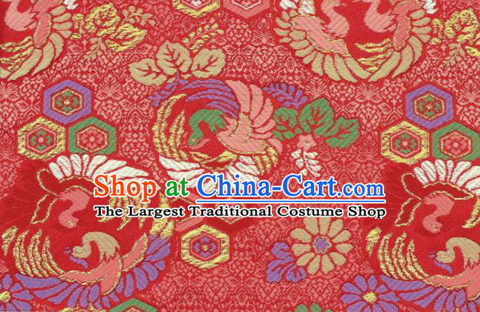 Japanese Kimono Satin Cloth Traditional Damask Drapery Classical Nishijin Tapestry Fabric Royal Phoenix Pattern Red Brocade