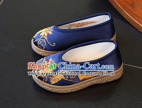 Chinese Traditional Children Hanfu Shoes Boys Embroidered Dragon Shoes Ming Dynasty Blue Cloth Shoes
