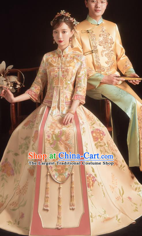 China Toast Clothing Traditional Wedding Garment Costumes Classical Xiuhe Suits Embroidered Bride Champagne Dress