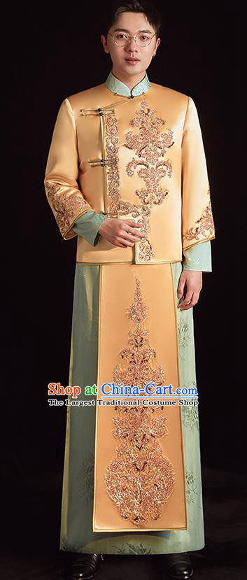 Chinese Ancient Bridegroom Clothing Traditional Wedding Male Uniforms Embroidered Yellow Mandarin Jacket and Long Robe