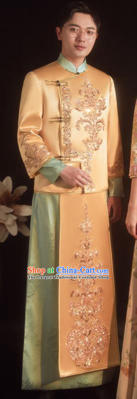 Chinese Ancient Bridegroom Clothing Traditional Wedding Male Uniforms Embroidered Yellow Mandarin Jacket and Long Robe