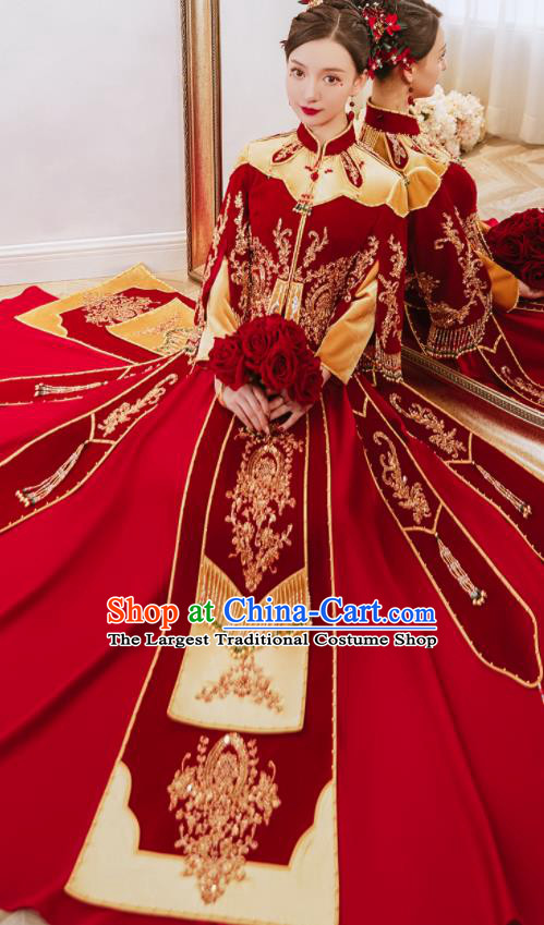China Traditional Wedding Garment Costumes Classical Red Xiuhe Suits Embroidered Dress Bride Toast Clothing