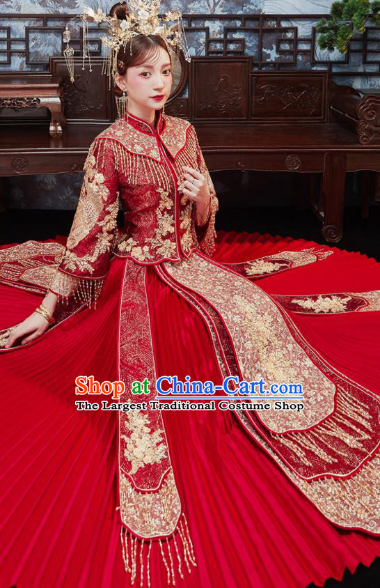 China Dark Red Xiuhe Suits Bride Embroidered Dress Traditional Toast Clothing Classical Wedding Garment Costumes