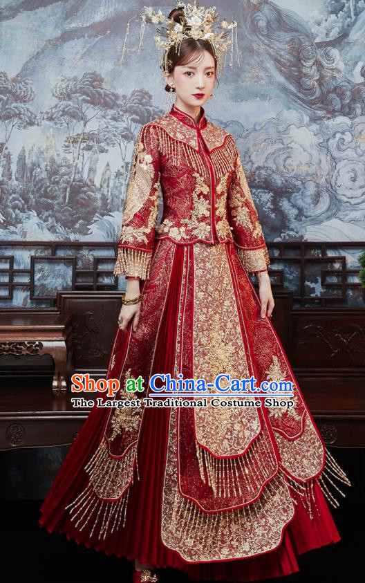 China Dark Red Xiuhe Suits Bride Embroidered Dress Traditional Toast Clothing Classical Wedding Garment Costumes