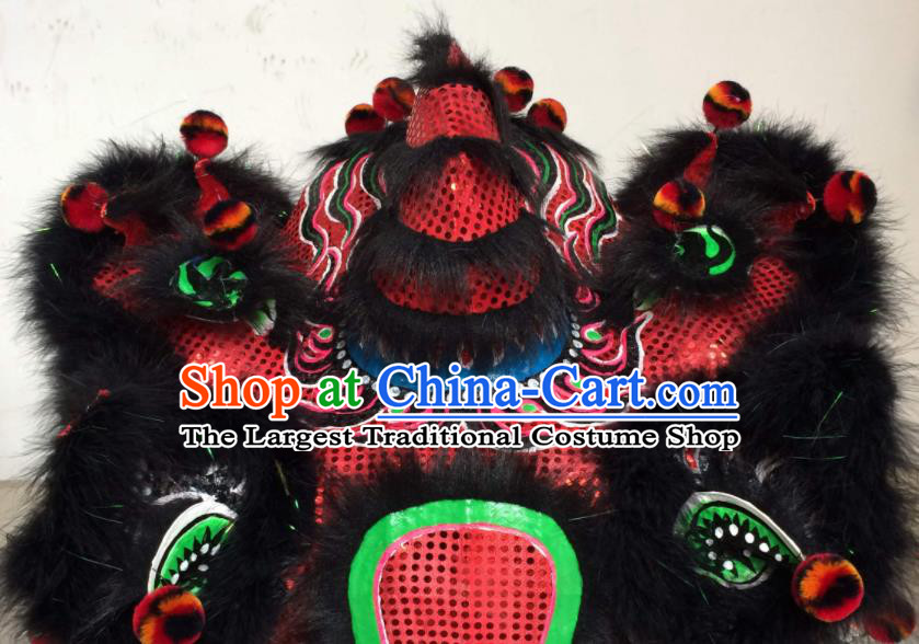 China Spring Festival Lion Dancing Performance Uniforms Handmade Black Fur Lion Head Southern Lion Dance Competition Costumes