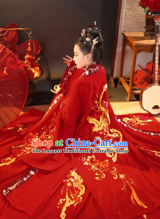 China Traditional Wedding Hanfu Garments Ancient Princess Embroidered Red Dress Jin Dynasty Bride Historical Clothing Complete Set