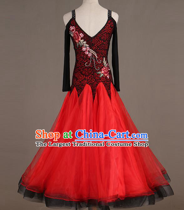 Professional Women Ballroom Dance Red Lace Dress Waltz Dance Competition Costume International Dancing Clothing Modern Dance Fashion