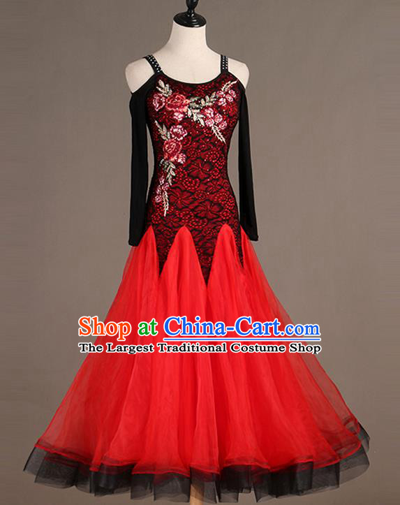 Professional Women Ballroom Dance Red Lace Dress Waltz Dance Competition Costume International Dancing Clothing Modern Dance Fashion