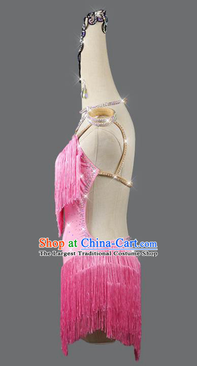 Professional Women Dancing Competition Clothing Cha Cha Sexy Fashion Latin Dance Pink Tassel Dress Modern Dance Costume