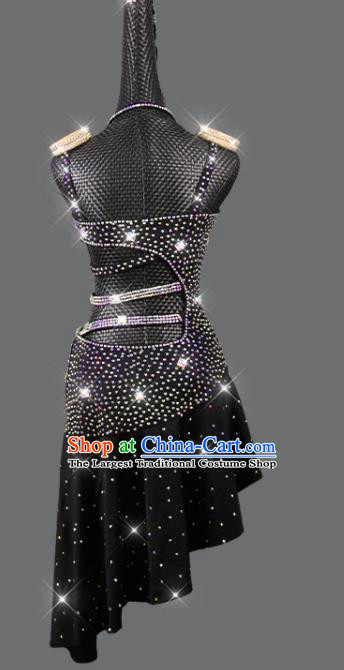Professional Modern Dance Costume Women Dancing Competition Clothing Cha Cha Sexy Fashion Latin Dance Black Diamante Dress