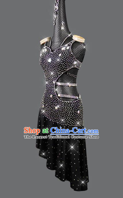 Professional Modern Dance Costume Women Dancing Competition Clothing Cha Cha Sexy Fashion Latin Dance Black Diamante Dress