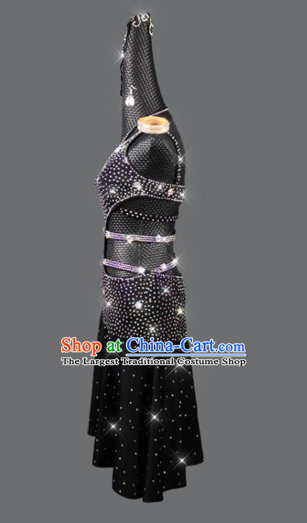 Professional Modern Dance Costume Women Dancing Competition Clothing Cha Cha Sexy Fashion Latin Dance Black Diamante Dress