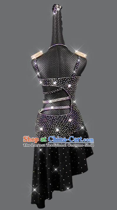 Professional Modern Dance Costume Women Dancing Competition Clothing Cha Cha Sexy Fashion Latin Dance Black Diamante Dress