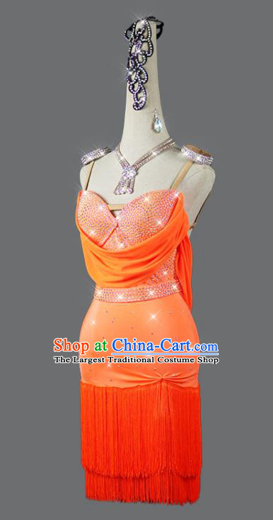 Professional Cha Cha Sexy Fashion Latin Dance Orange Tassel Dress Modern Dance Costume Women Dancing Competition Clothing