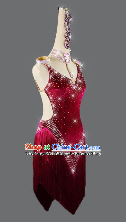 Professional Rumba Dance Costume Women Cha Cha Sexy Fashion Dancing Competition Clothing Latin Dance Wine Red Velvet Dress