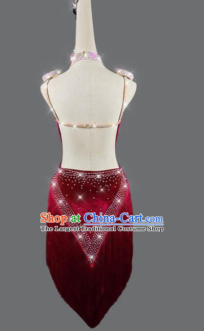 Professional Rumba Dance Costume Women Cha Cha Sexy Fashion Dancing Competition Clothing Latin Dance Wine Red Velvet Dress