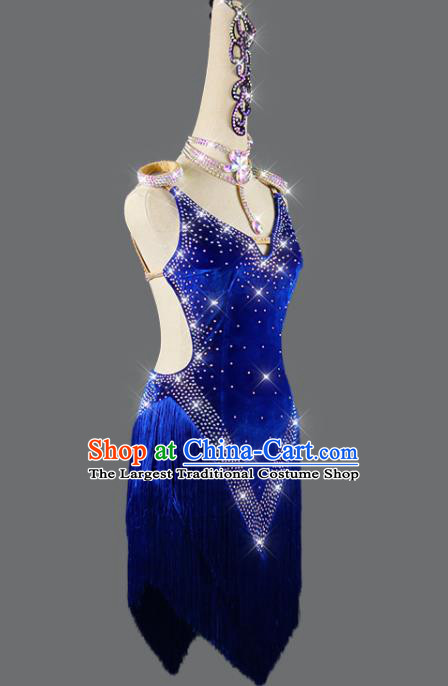 Professional Latin Dance Royalblue Velvet Dress Rumba Dance Costume Women Cha Cha Sexy Fashion Dancing Competition Clothing