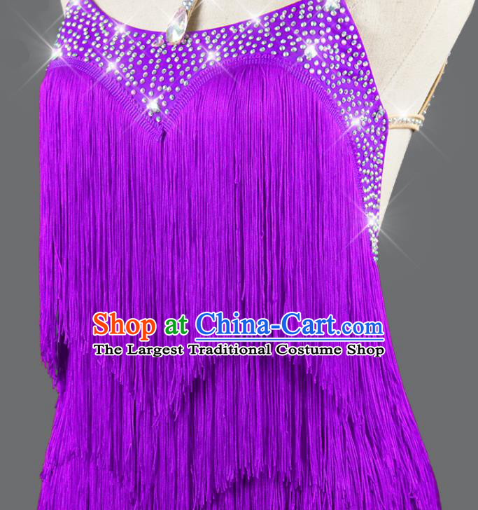 Professional Women Dancing Competition Fashion Latin Dance Clothing Cha Cha Sexy Purple Tassel Dress Rumba Dance Costume