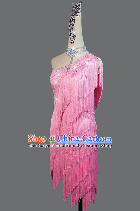 Professional Cha Cha Dancing Fashion Clothing Latin Dance Pink Tassel Dress Women Rumba Dance Competition Costume