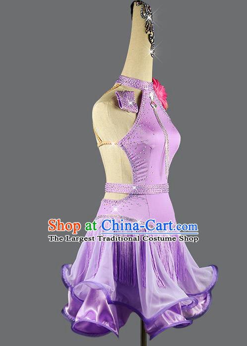 Professional Women Rumba Dance Competition Costume Cha Cha Dancing Fashion Clothing Latin Dance Purple Dress