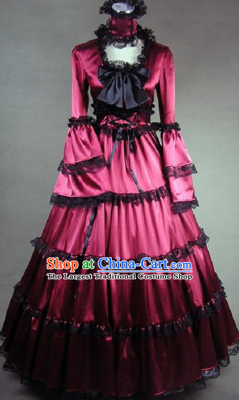 Top Western Court Formal Costume Stage Performance Full Dress European Victorian Age Garment Clothing British Princess Wine Red Dress