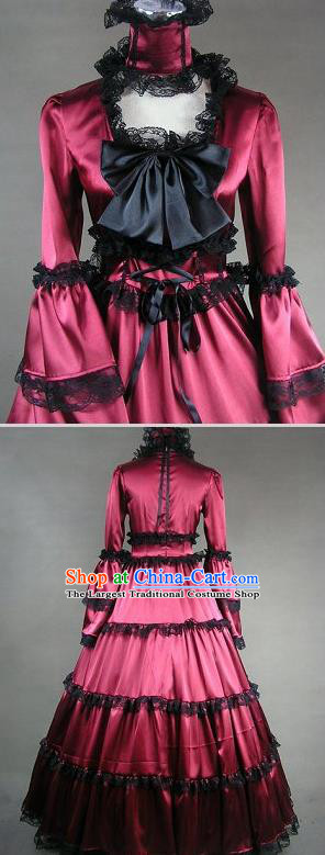 Top Western Court Formal Costume Stage Performance Full Dress European Victorian Age Garment Clothing British Princess Wine Red Dress