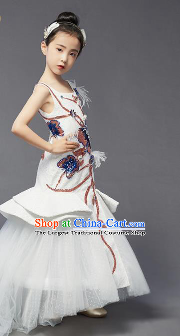 High Quality Girl Catwalks Fashion Children Compere Fishtail Dress Piano Performance Clothing Stage Show Embroidered Butterfly Full Dress