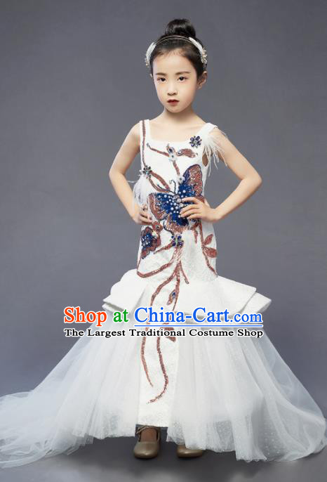 High Quality Girl Catwalks Fashion Children Compere Fishtail Dress Piano Performance Clothing Stage Show Embroidered Butterfly Full Dress