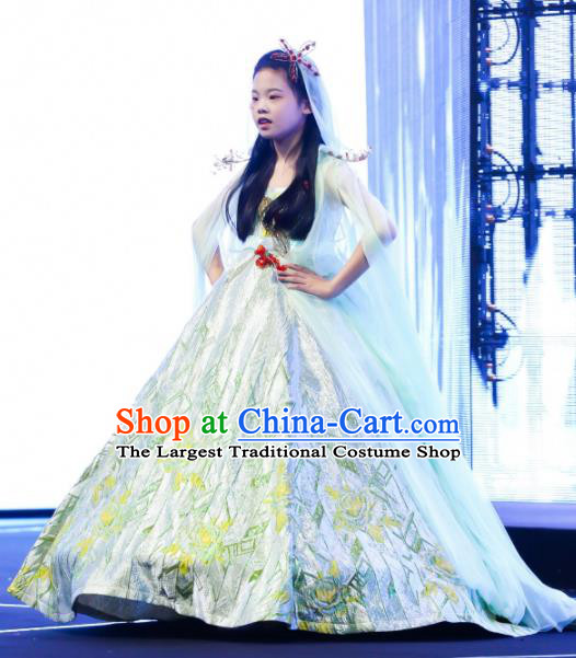 High Children Catwalks Light Green Dress Girl Stage Show Clothing Compere Garment Costume Kid Birthday Full Dress