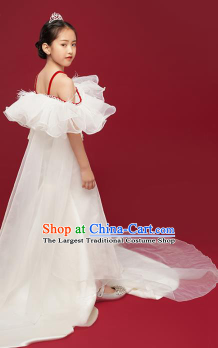 High Quality Piano Performance Clothing Stage Show Full Dress Girl Catwalks Fashion Children White Trailing Dress